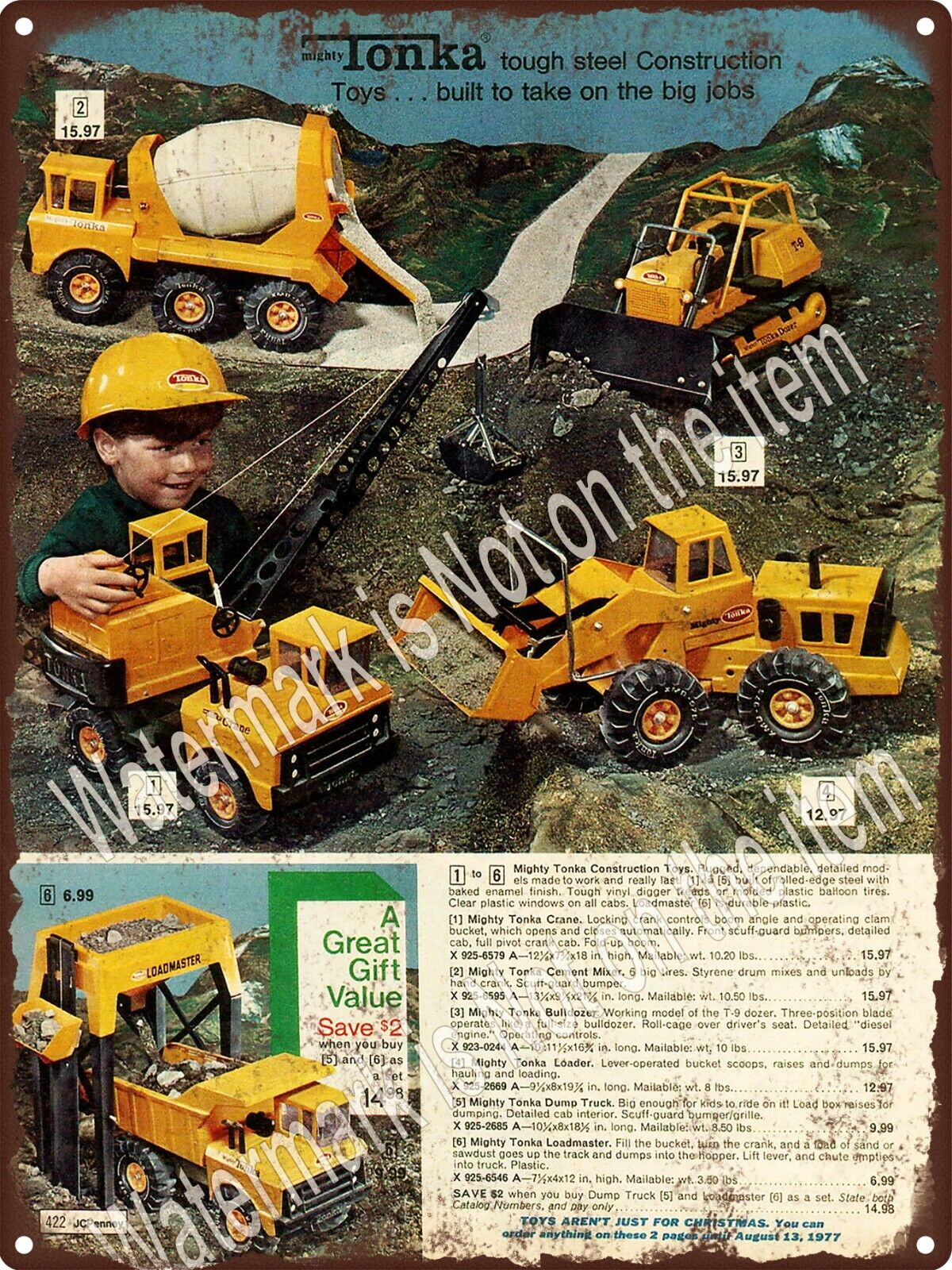 1976 Tonka Truck Crane Cement Mixer Dump Loader BullDozer Metal Sign 9x12\
