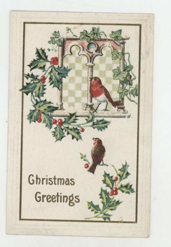 Vintage Christmas  Postcard   BIRDS    WINDOW   HOLLY     EMBOSSED     POSTED