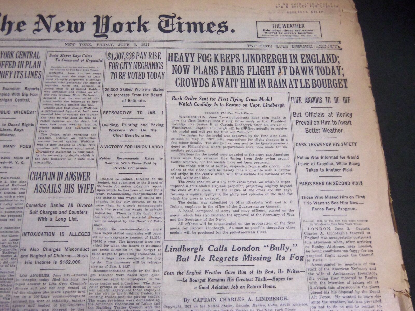 1927 JUN 3 NEW YORK TIMES - LINDBERGH IN ENGLAND FLIES TO PARIS AT DAWN- NT 6933