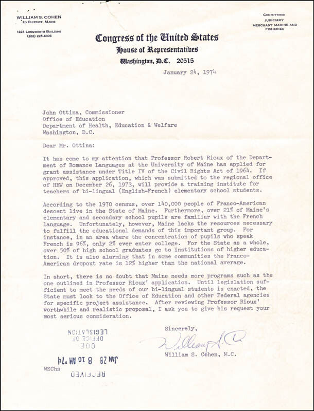 WILLIAM COHEN - TYPED LETTER SIGNED 01/24/1974