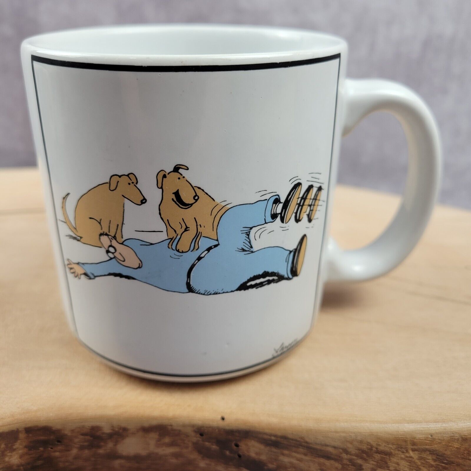 The Far Side Dog Scratching Man's Belly Coffee Mug Vintage 1982 Ceramic *READ*