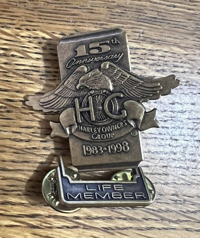1983-1998 HARLEY OWNERS GROUP HOG 15th ANNIVERSARY LIFE MEMBER TWO PIECE PIN SET