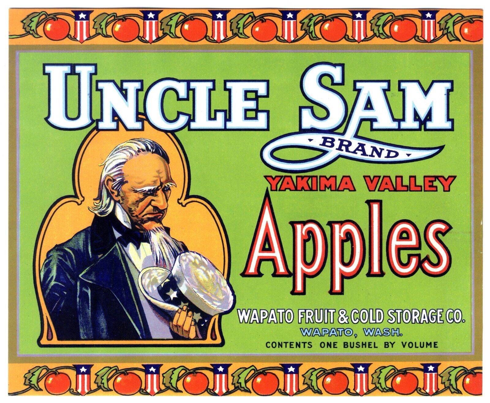 UNCLE SAM GREEN~1930s ORIGINAL WAPATO WASHINGTON APPLE FRUIT CRATE LABEL U.S.A.
