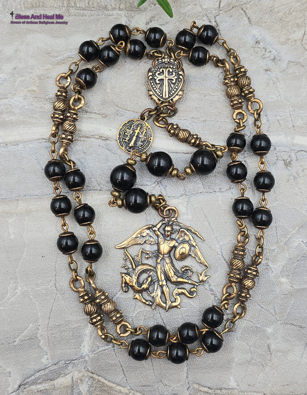 Devotional Archangel Michael St Benedict Black Onyx Vintage Bronze Sleek Chaplet