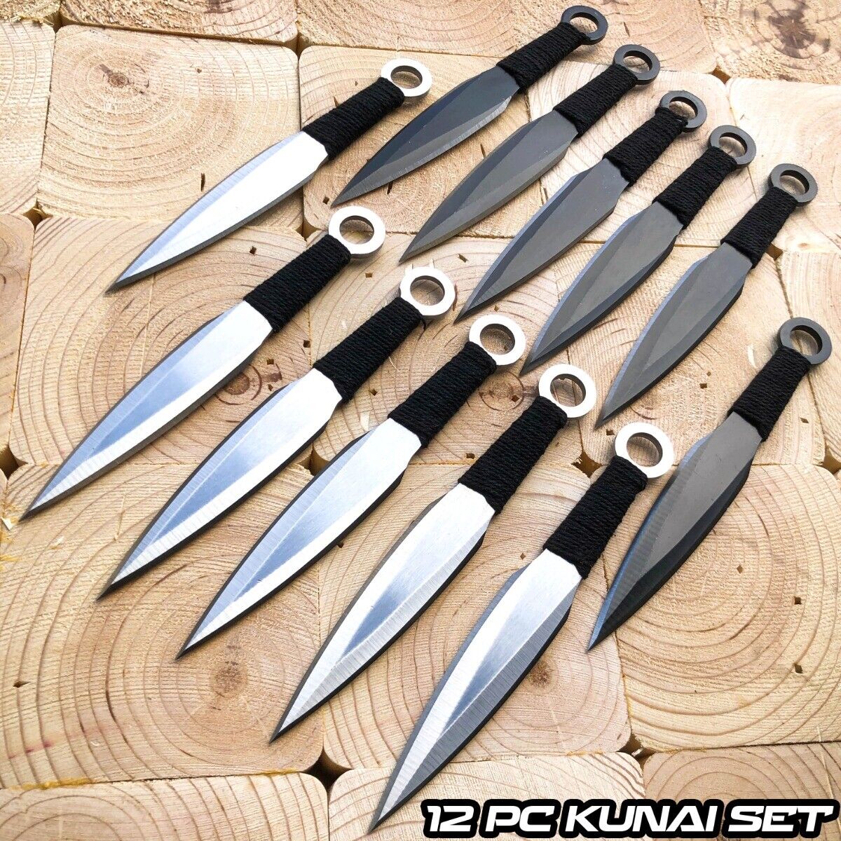 12PC Black Silver Ninja Throwing Fixed Blade Knife Kunai Ninjutsu Knives