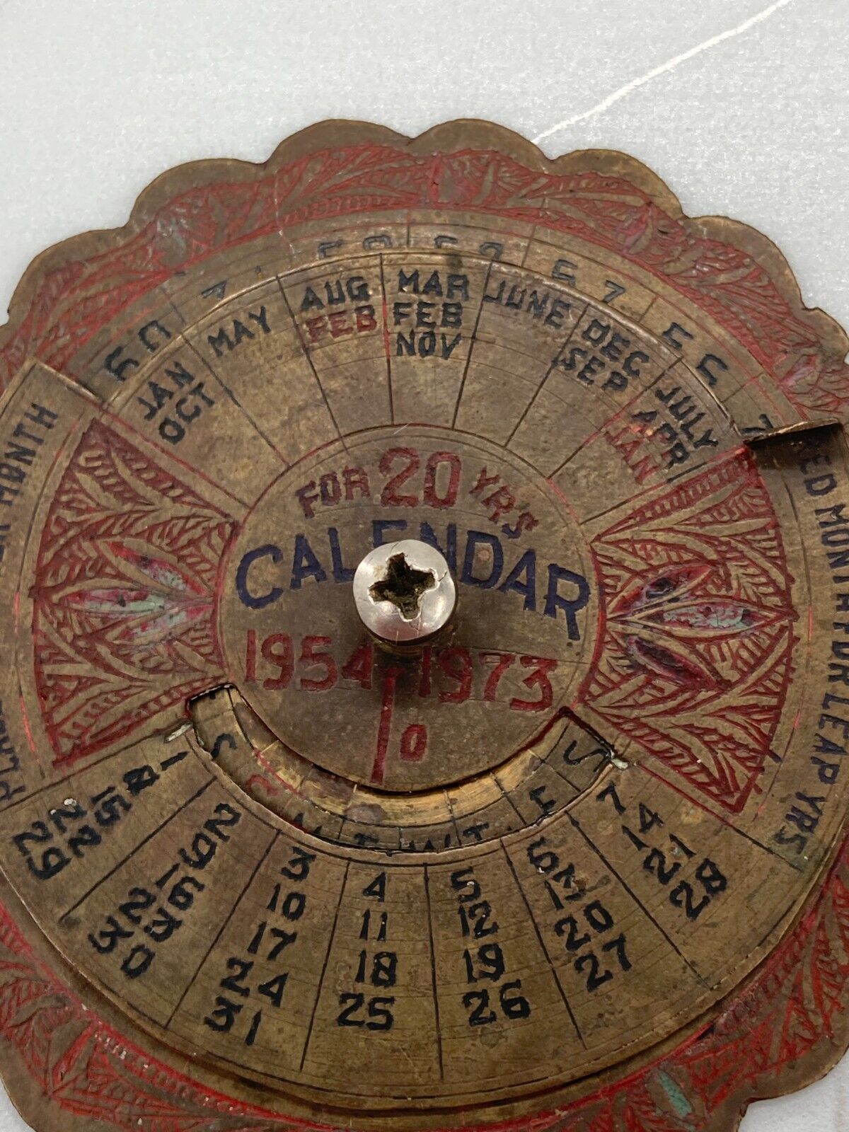 Vintage Brass Inlay Metalwork Perpetual 20 Year Calendar Sundial Part India 1954