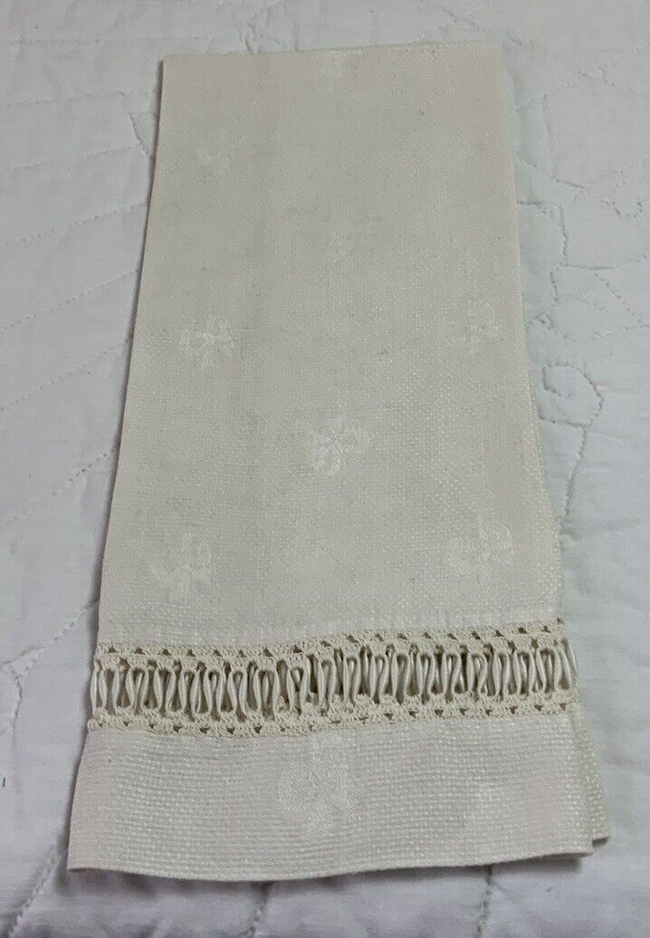Antique Vintage Show Towel, Antique White, Woven Floral Design, Linen