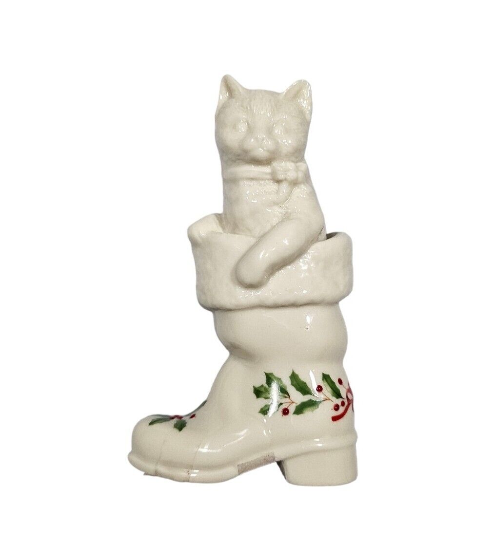 Lenox Annual Holiday China Jewels Cat in Christmas Boot Figurine With Holly