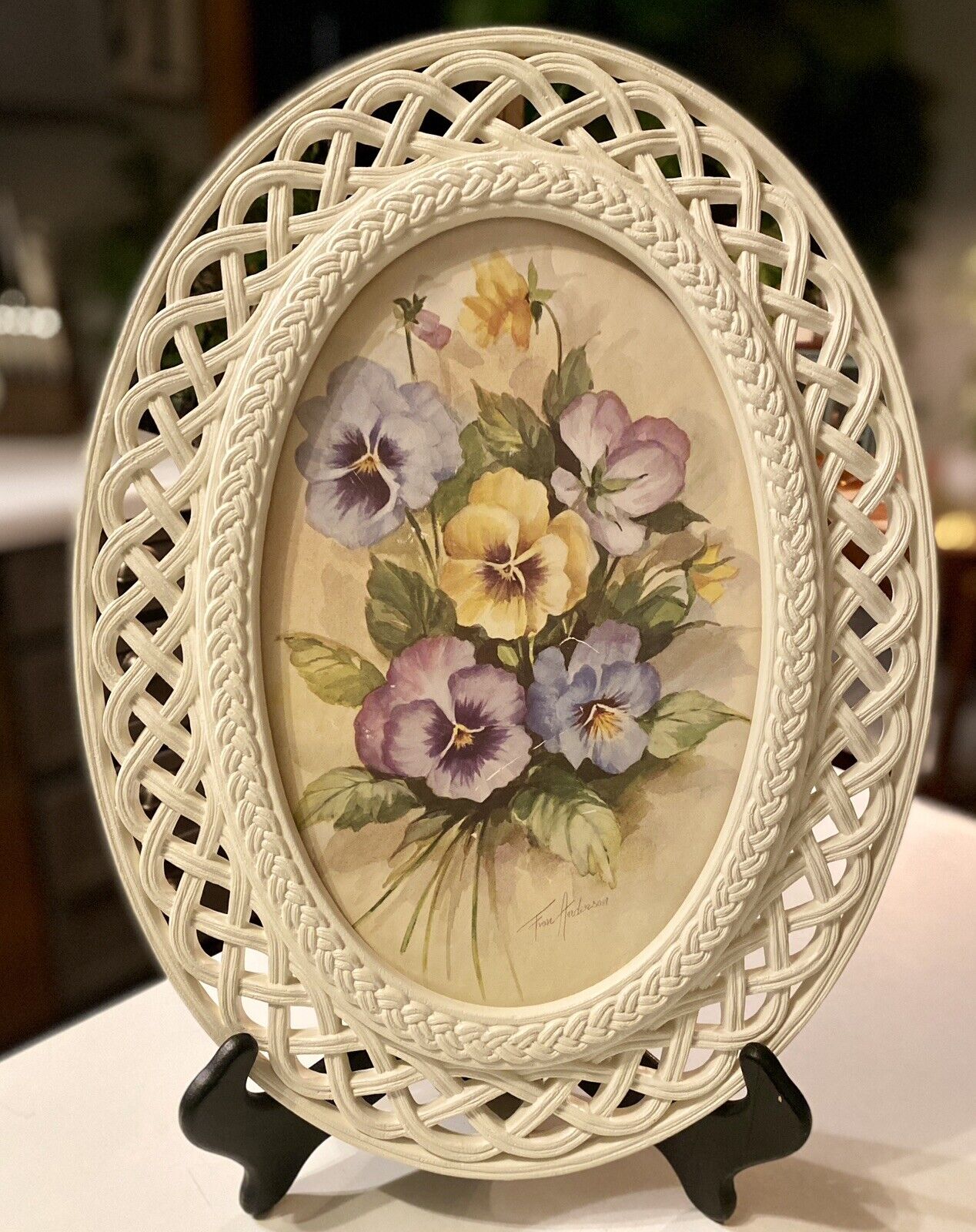 1970s Floral Print Faux Wicker Frame By Fran Anderson, Cottage Core Wall Decor