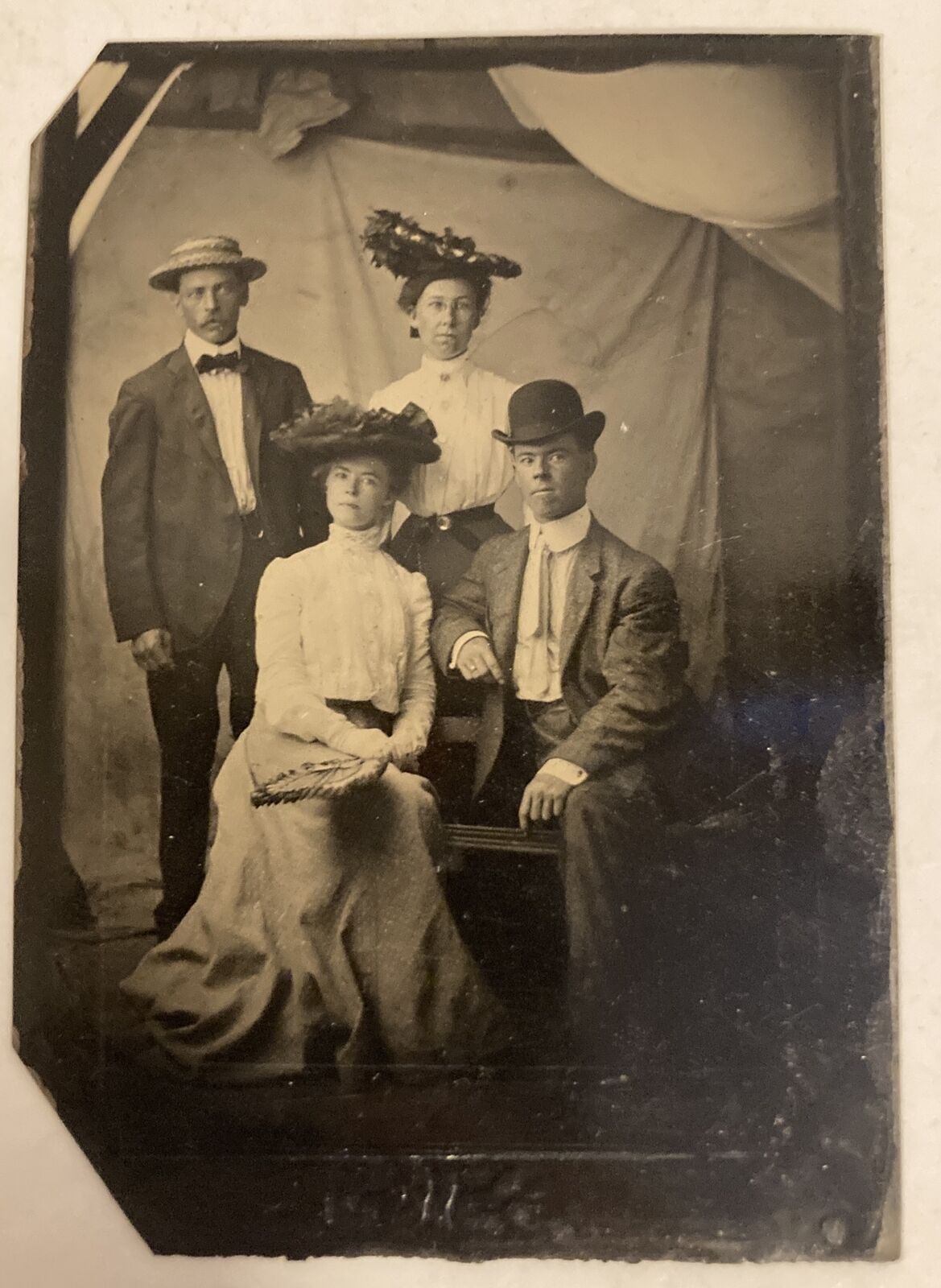 Antique Victorian Tintype Photo Group of 2 Women & 2 Men In Fancy Hats Tin Type