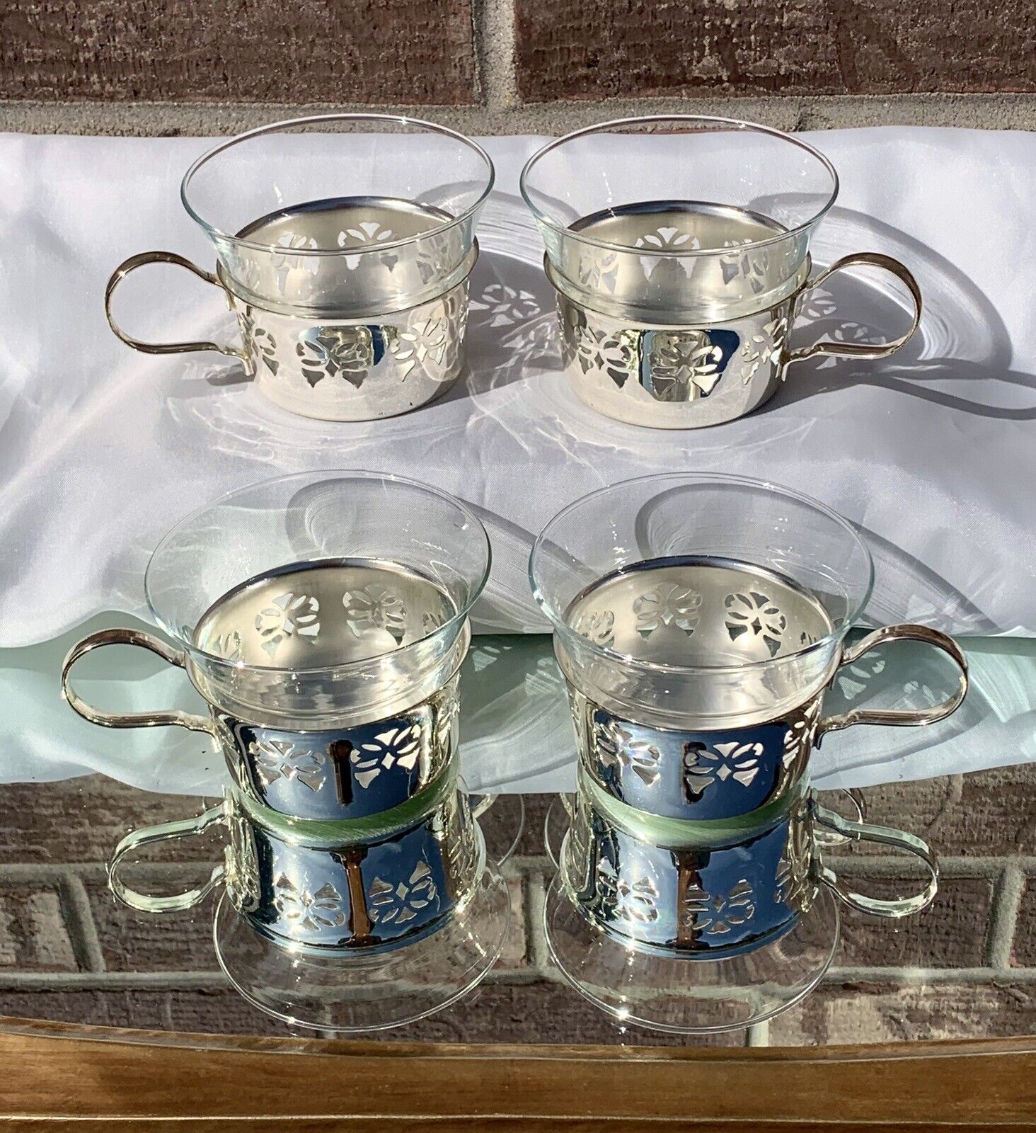 Schott & Gen Mainz Jena 4 Glass Tea Cups Silverplated Holders Excellent Conditio