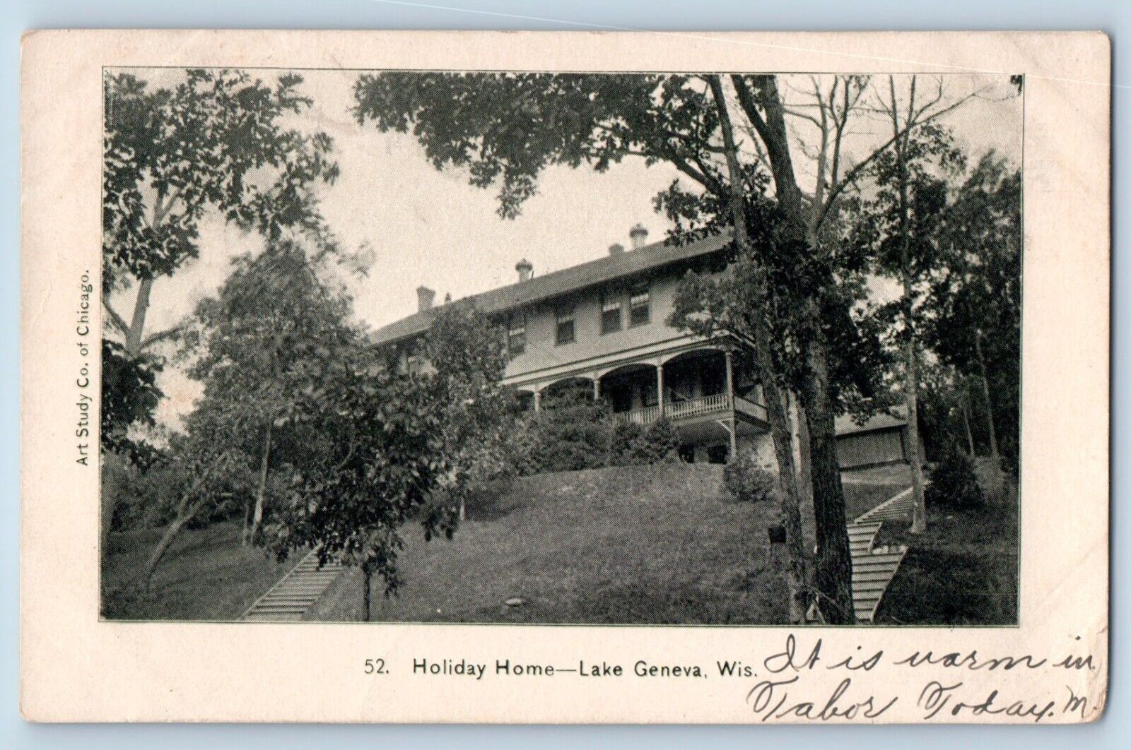 Geneva Wisconsin Postcard Holiday Home Lake Exterior Building Stair 1904 Vintage