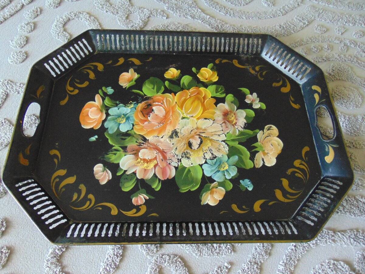 large vintage FLORAL TOLE TRAY reticulated 24