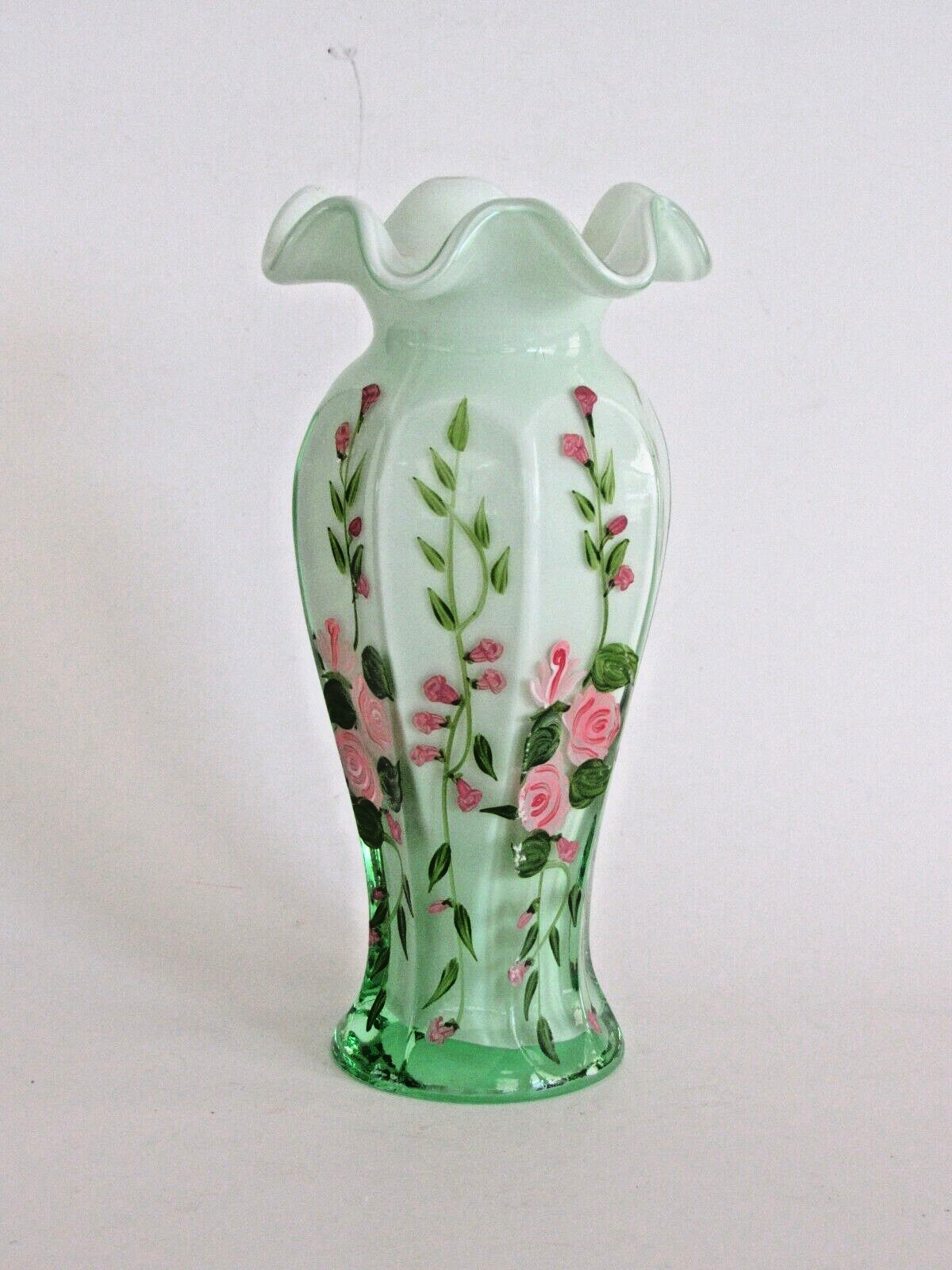 Fenton Cased Green Glass Vase Hand Painted Pink Roses with Ruffled Top