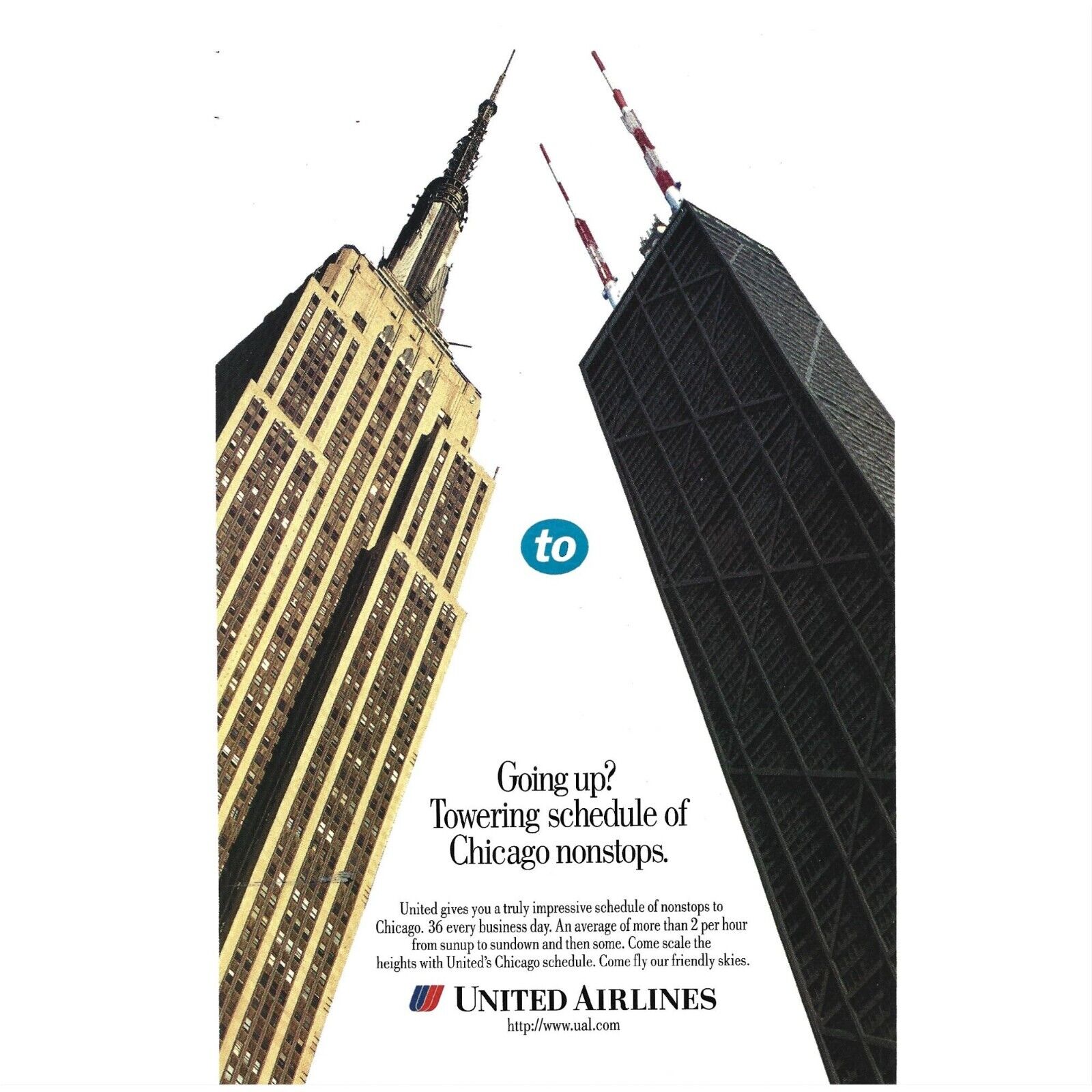 United Airlines Nonstop to Chicago Empire State NYC 1990s  Vintage Print Ad