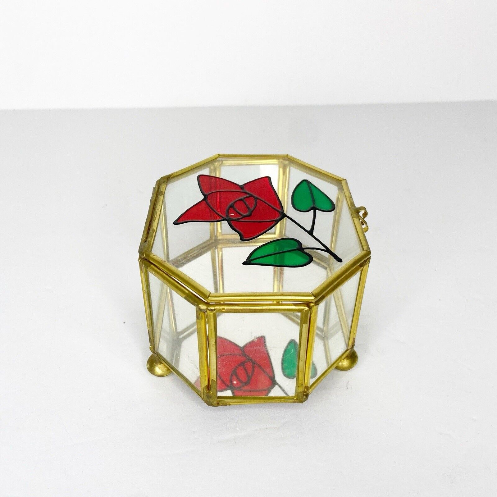 Vintage Red Rose Stained Glass Metal Jewelry Ring Dresser Vanity Trinket Box