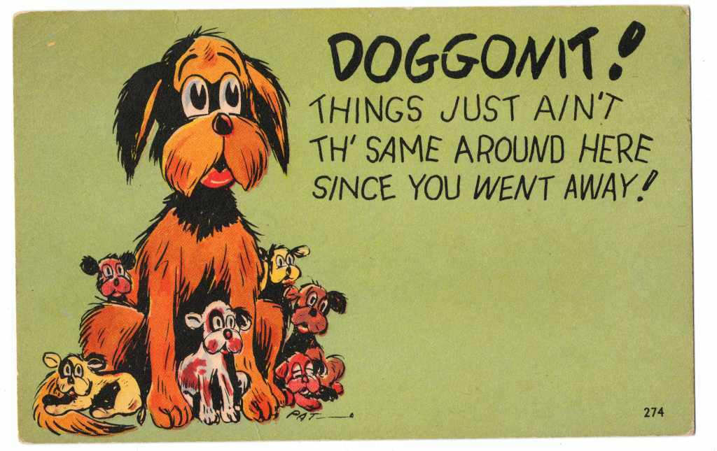 Undated Postmarked Postcard Comic Dog and Puppies Doggonit things arent the same