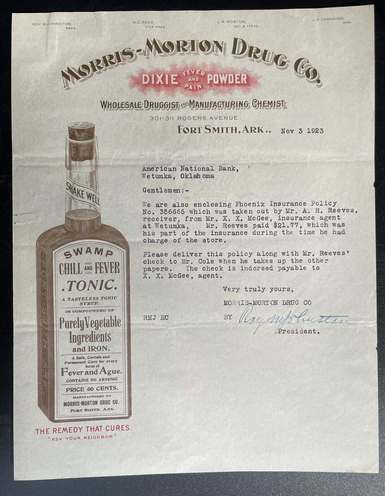 1923 Illustrated Letterhead SWAMP CHILL FEVER TONIC Patent Medicine FT.Smith Ark