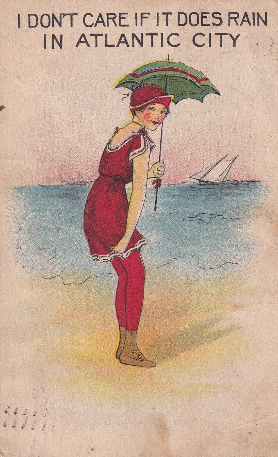 Beautiful Woman in Red w/Umbrella on Beach Atlantic City c1916 Vintage Postcard