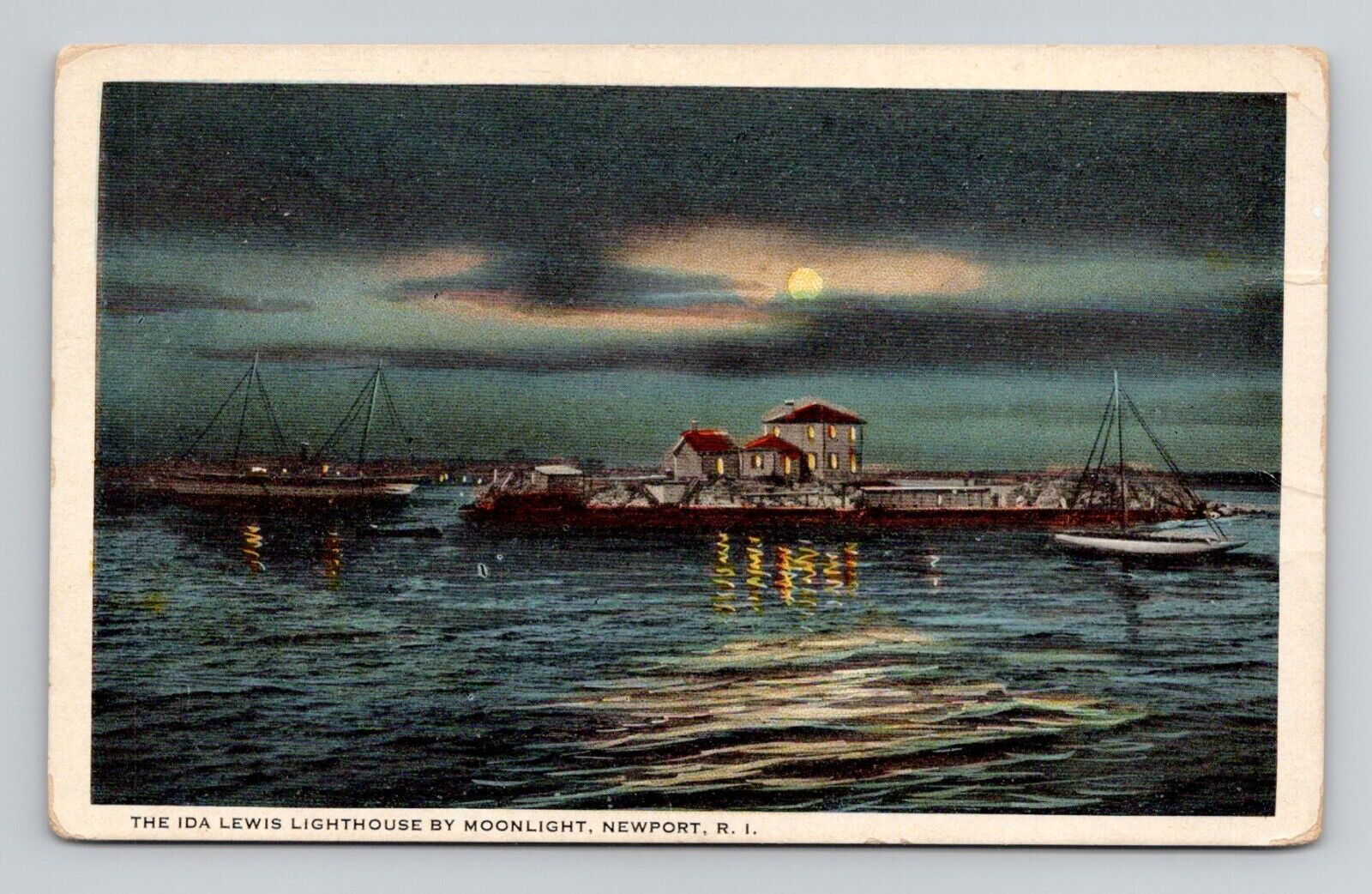 Postcard Ida Lewis Lighthouse at Night Newport Rhode Island RI, Vintage N11