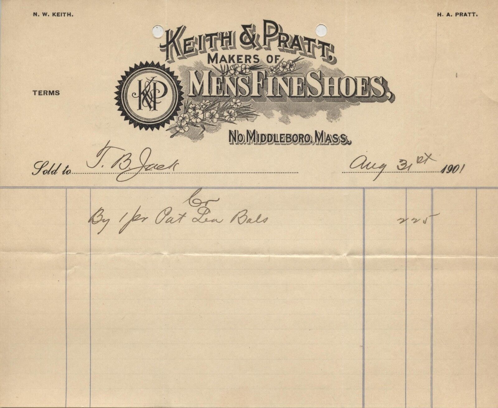 1901 North Middleboro Massachusetts Keith Pratt Mens Shoes Letterhead Invoice Ad