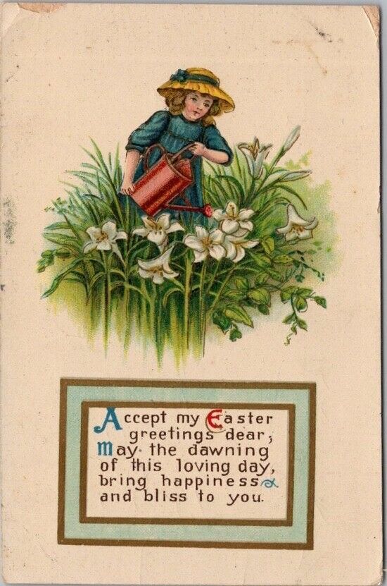 1915 EASTER Embossed GEL Postcard Girl Watering Lily Flowers *Cracked Gel
