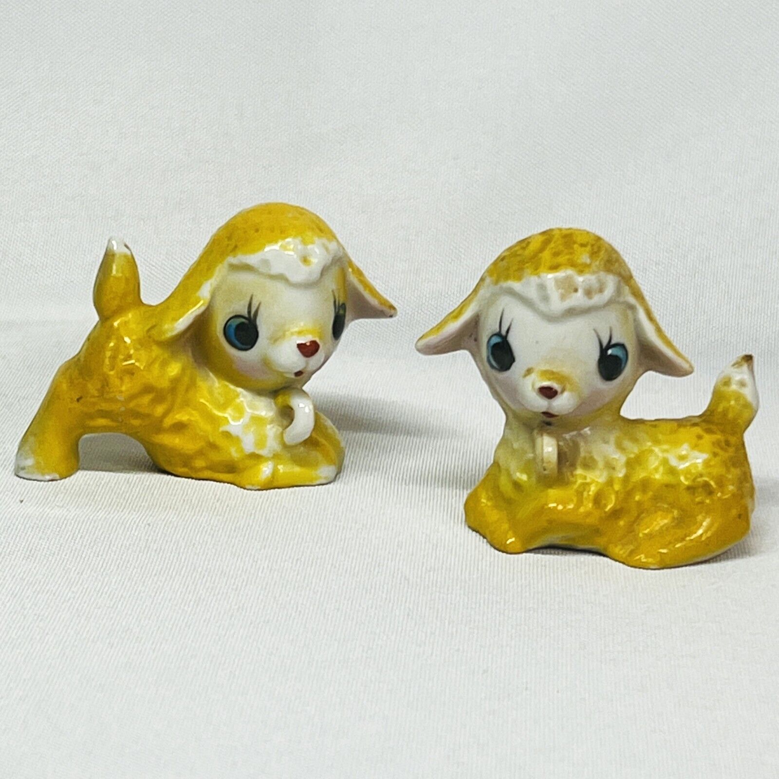 Anthropomorphic Vintage Yellow Baby Lamb Figurines Sheep Mid Century TWO Japan
