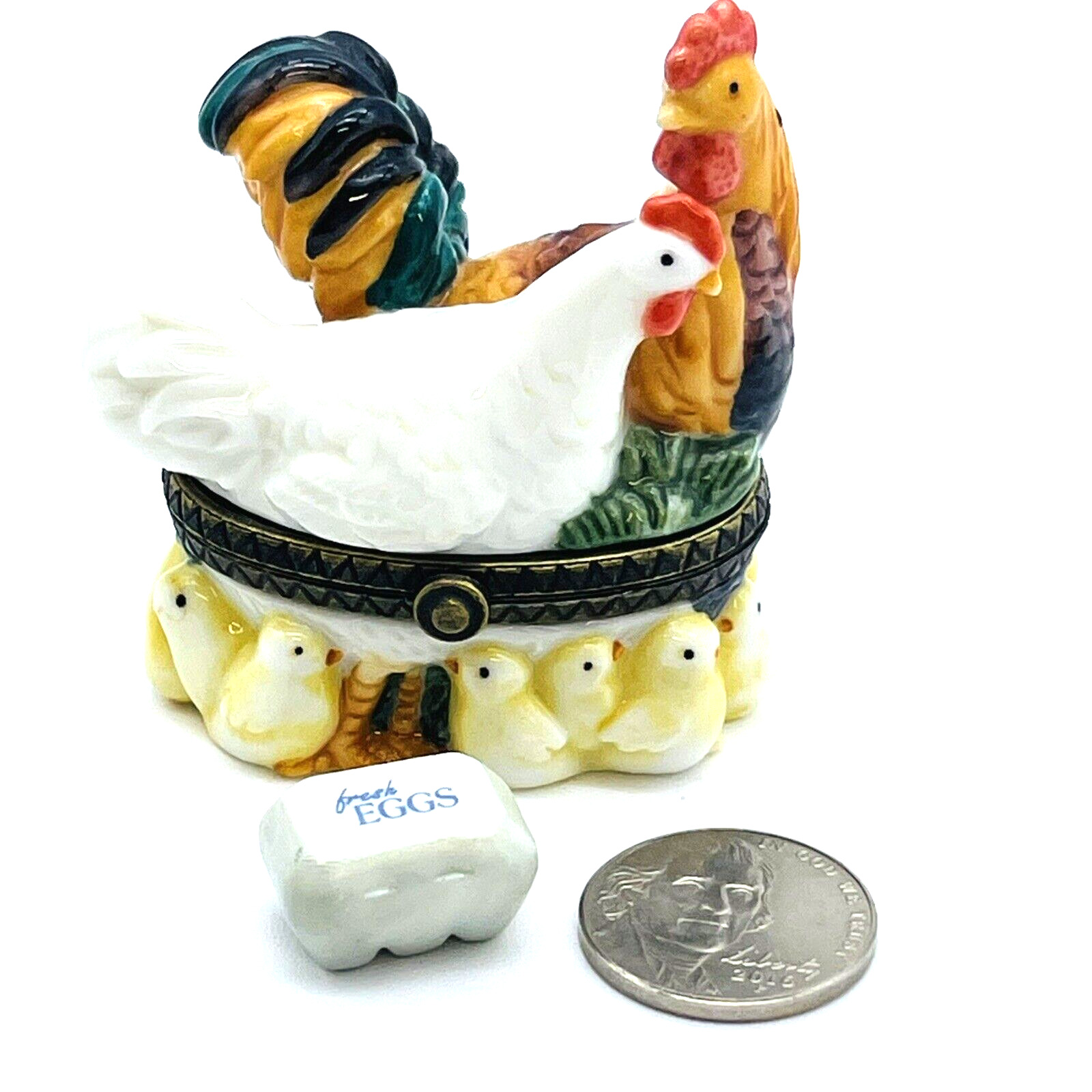 Vintage PHB Chicken Rooster Hinged Porcelain Trinket Box with Egg Carton Trinket