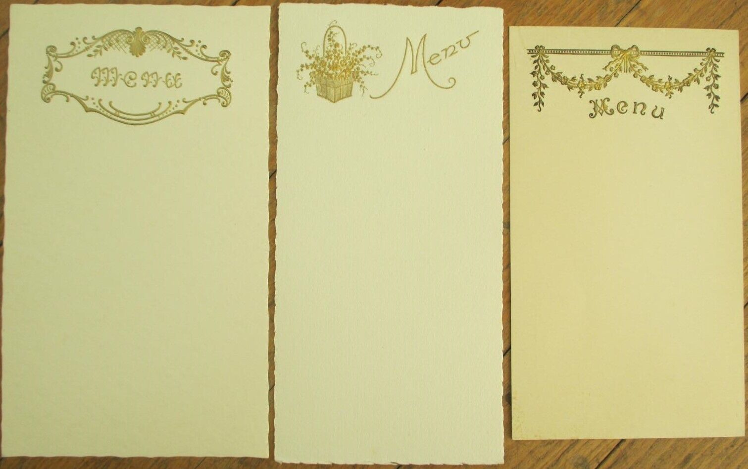 Menu Blank 1920 French Group of Three Different, Gold Embossed Vignettes