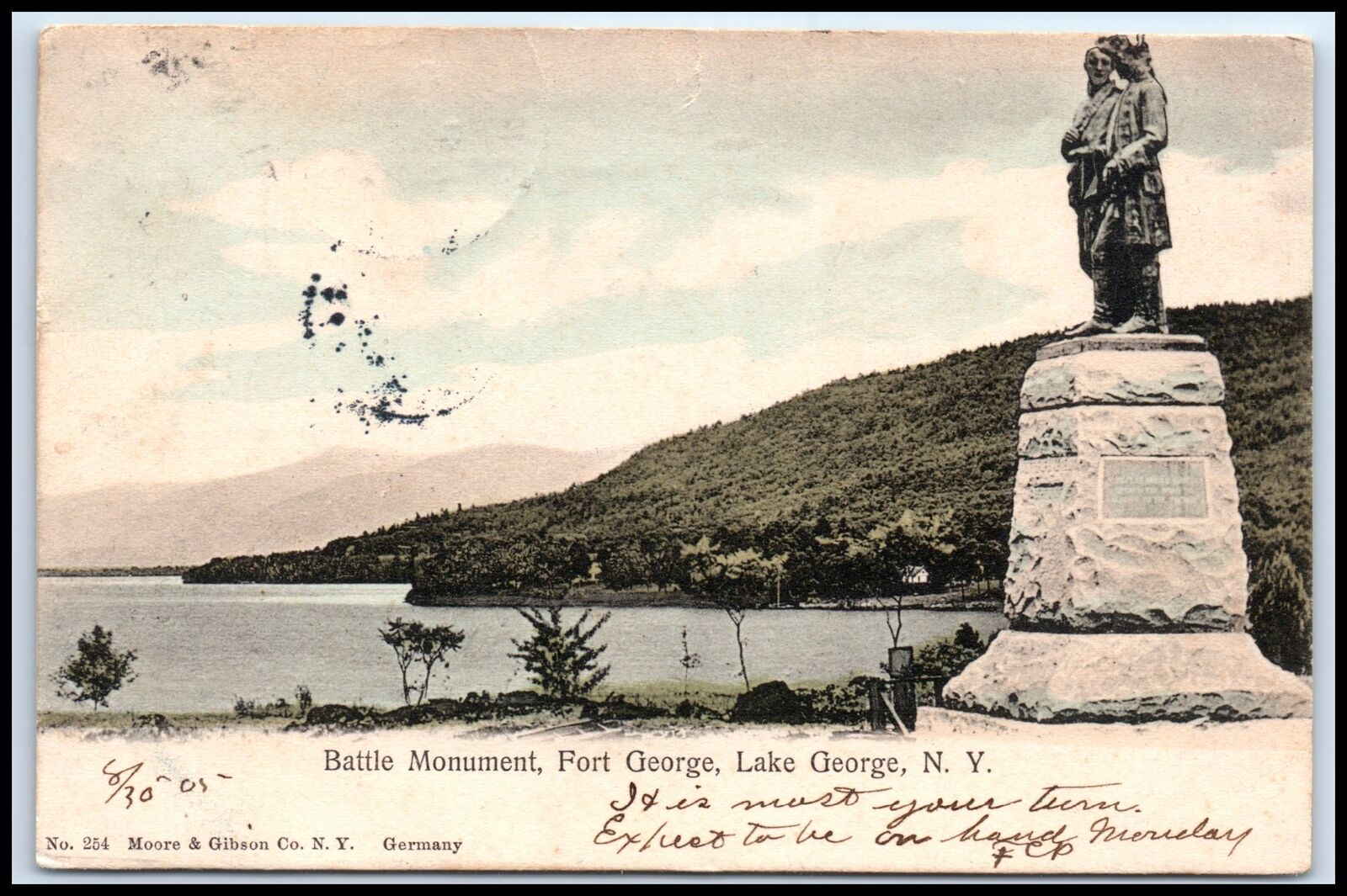 Postcard Battle Monument, Fort George Posted Lake George NY C38