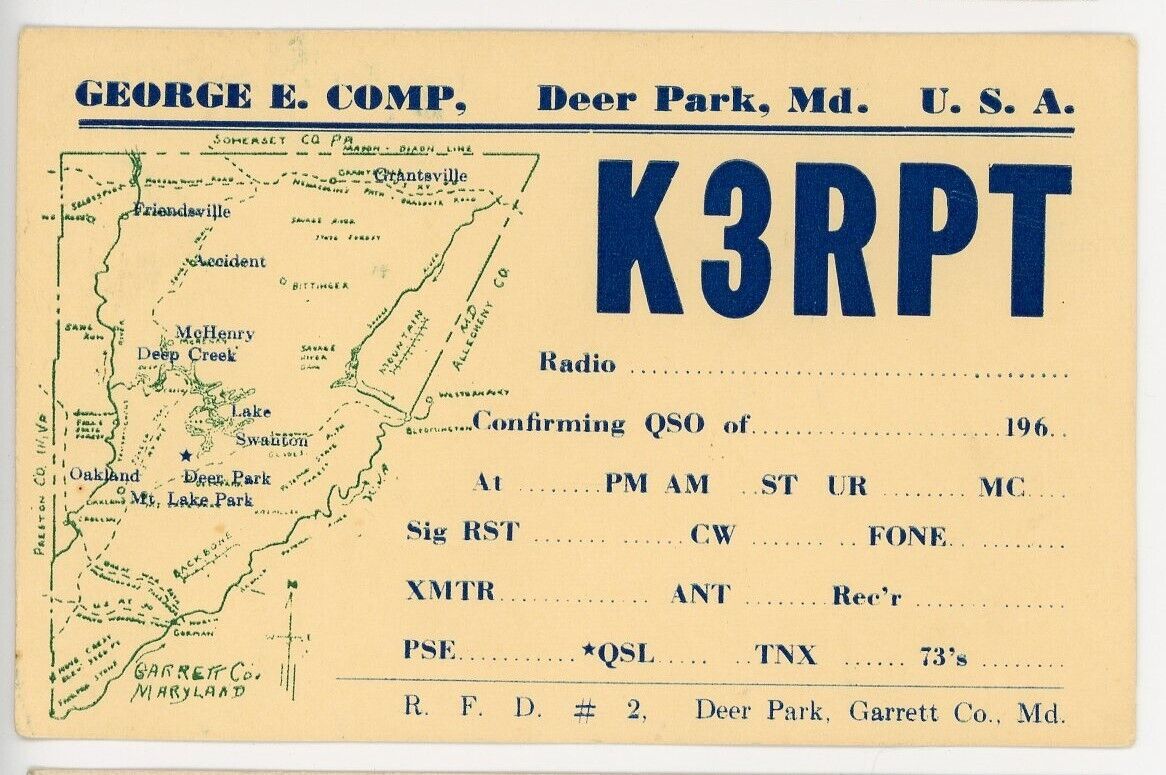 1960\'s George Comp QSL postcard, Deer Park MD