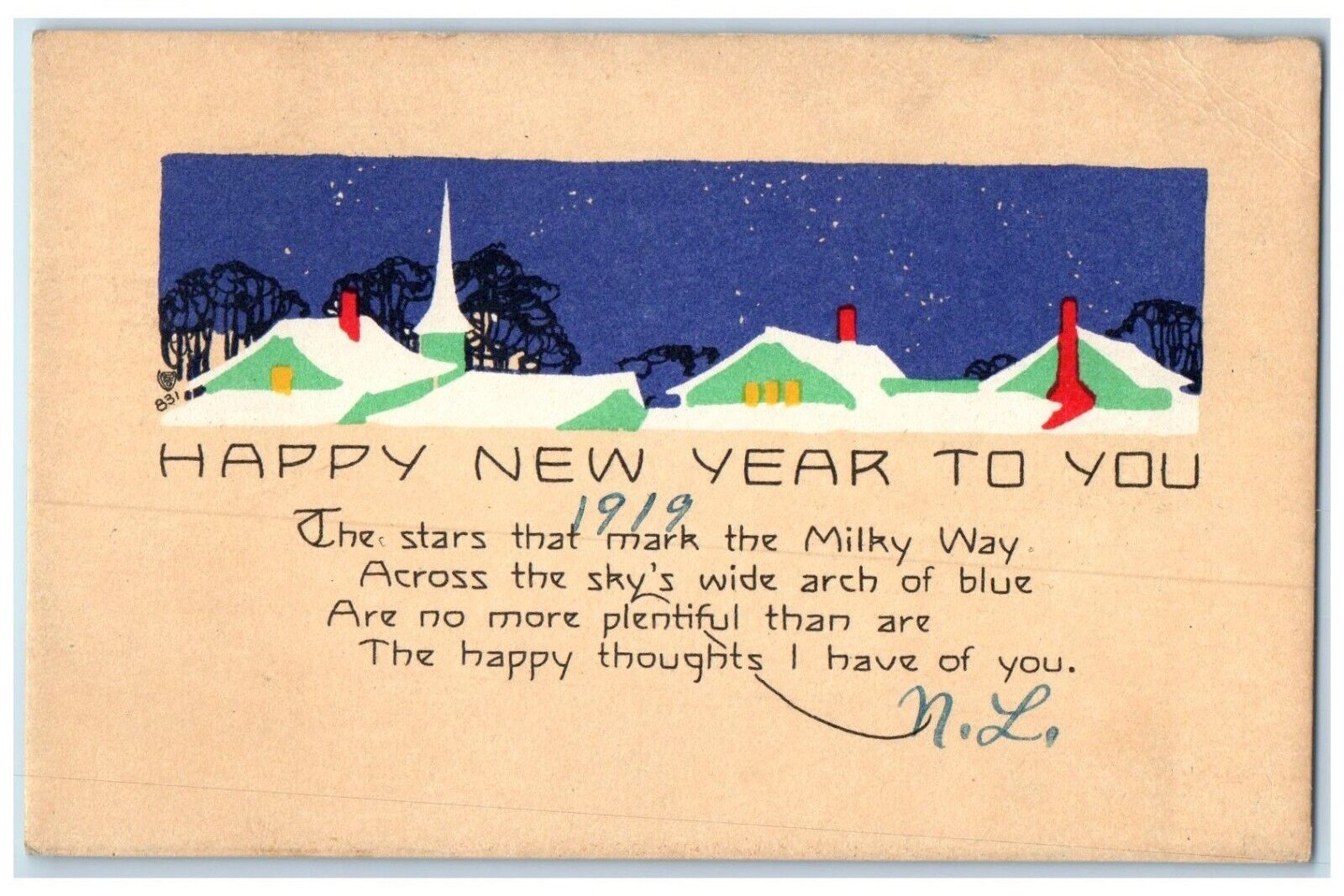 1919 Happy New Year Volland Arts Crafts Garfield Kansas KS Antique Postcard