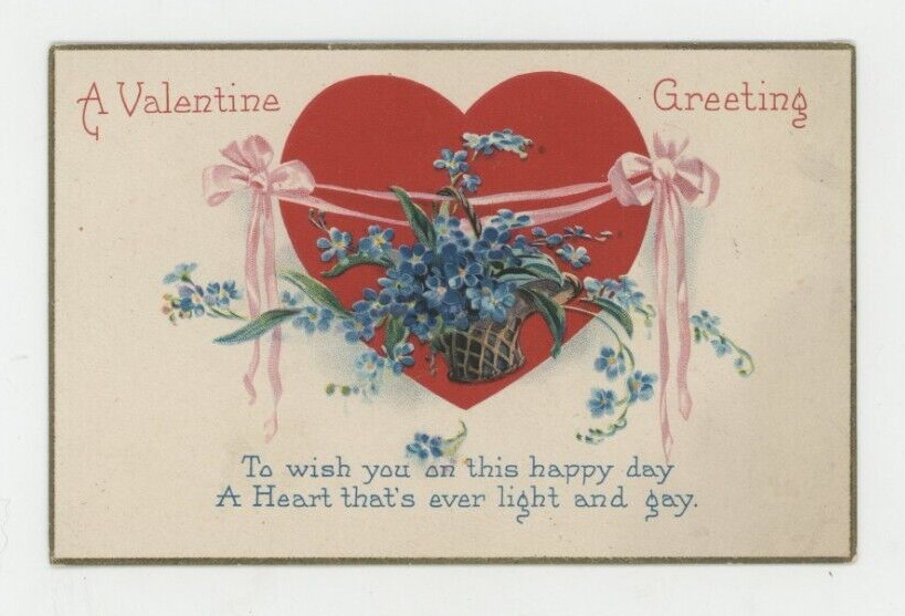 Vintage Valentine Postcard   RED HEART   BASKET FLOWERS   PINK RIBBON   UNPOSTED