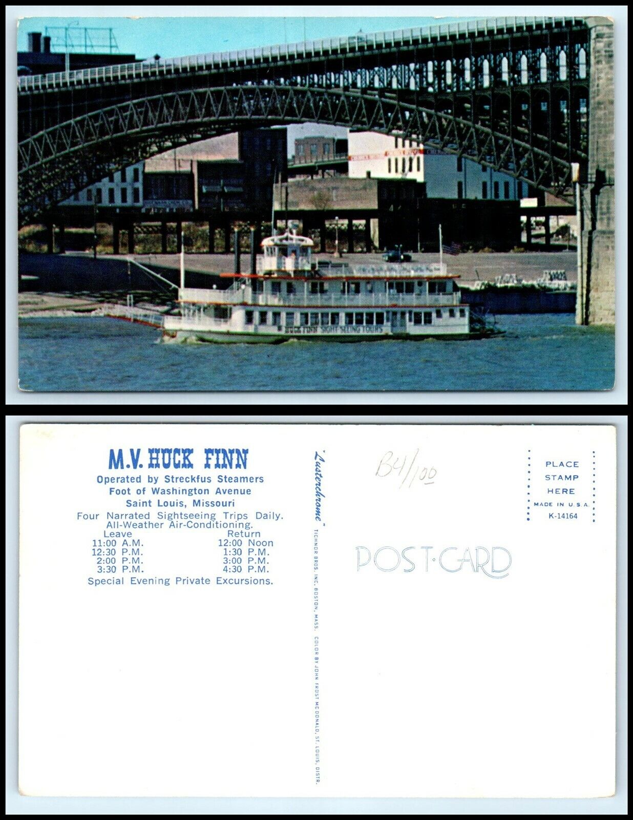 MISSOURI Postcard - St. Louis, M.V. Huck Finn Tour Boat S37