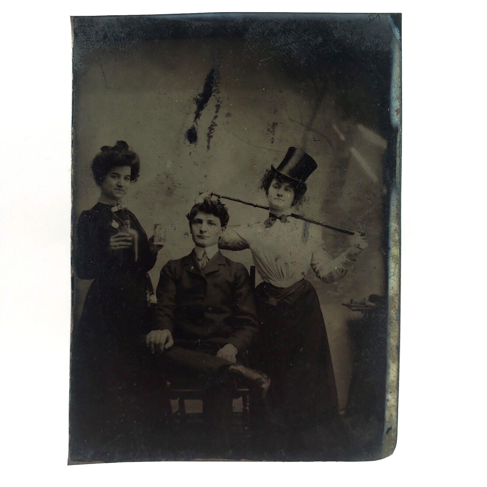 Party Girls Drinking Tintype c1870 Cross-Dressing Top Hat Cane 1/6 Plate H674