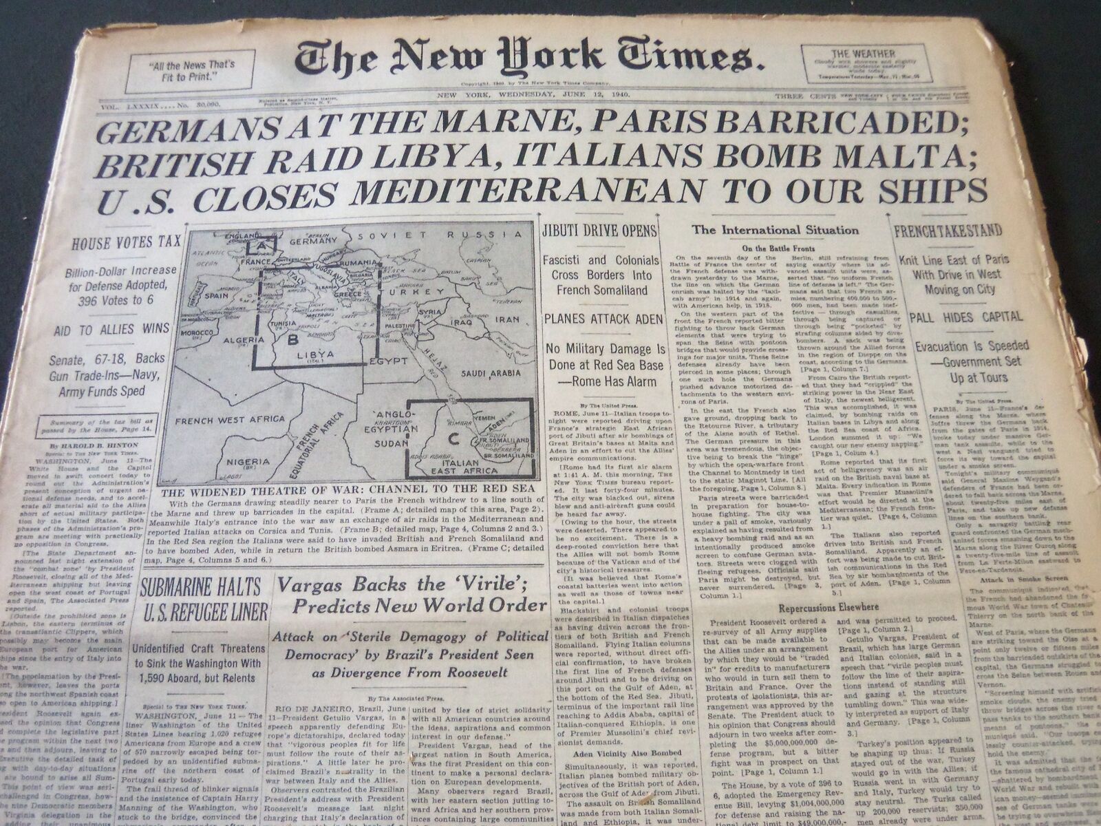 1940 JUNE 12 NEW YORK TIMES - GERMANS AT THE MARNE, PARIS BARRICADED - NT 5922