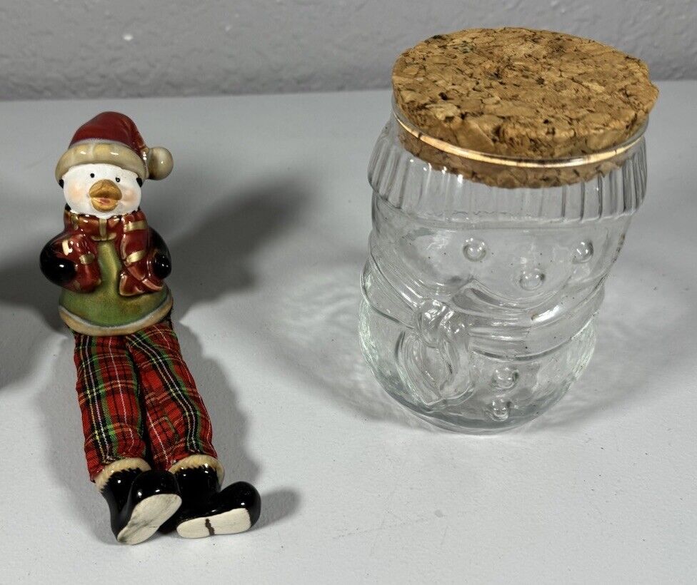Vintage 1980’s Glass Snowman Canister Cork Lid & Christmas Duck Mantle Sitter