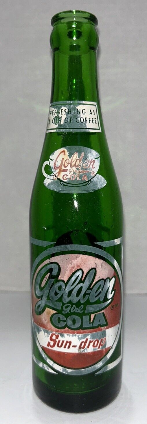 Vintage Sun Drop Golden Girl Cocoa Bean Soda Cola Bottle Green 7 oz ST. LOUIS