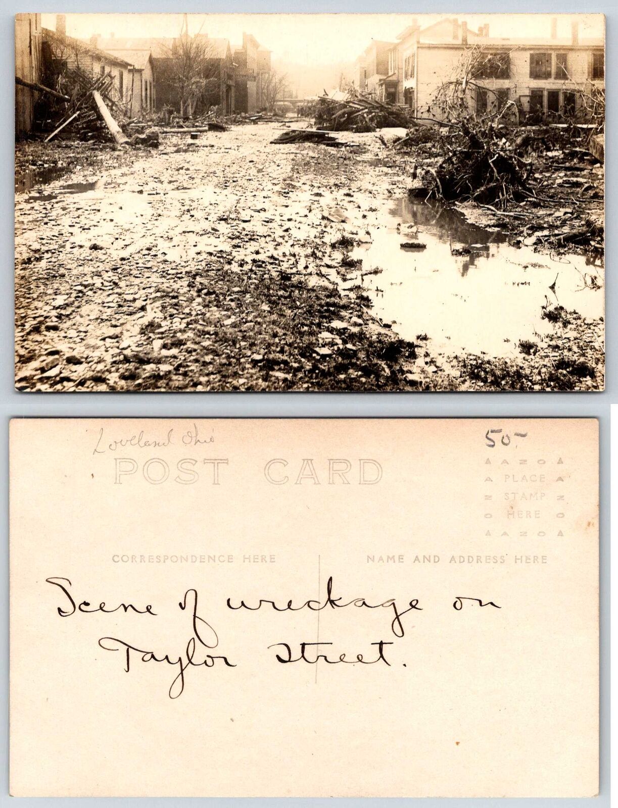Loveland Cincinnati Ohio FLOOD DAMAGE TAYLOR STREET RPPC Postcard N537