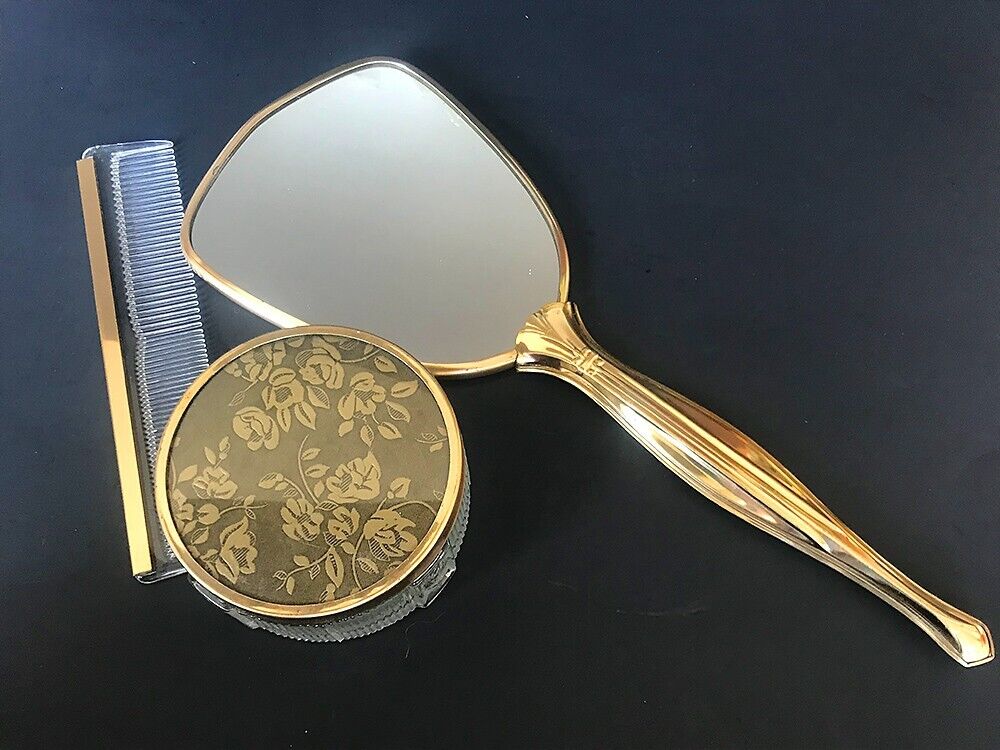 Elegant Vintage Comb, Power Box & Hand Mirror GoldTone Metal Vanity Set of 3