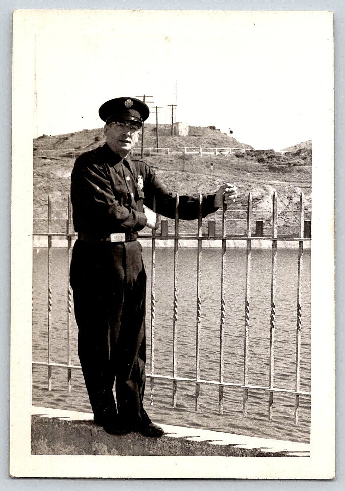 Policeman Guard Standing By Fence Antique Vintage B&W Photograph Snapshot OOAK