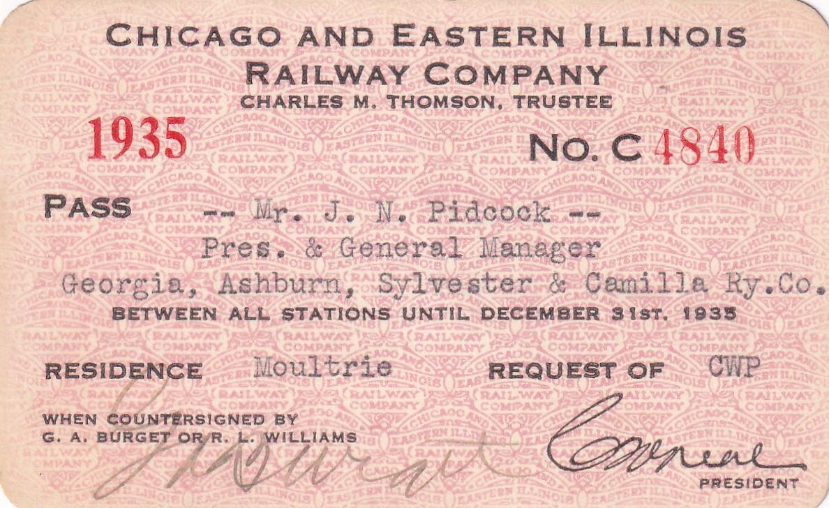1935 C&EI Chicago & Eastern Illinois Railroad pass-Georgia Ashburn Sylvester RR