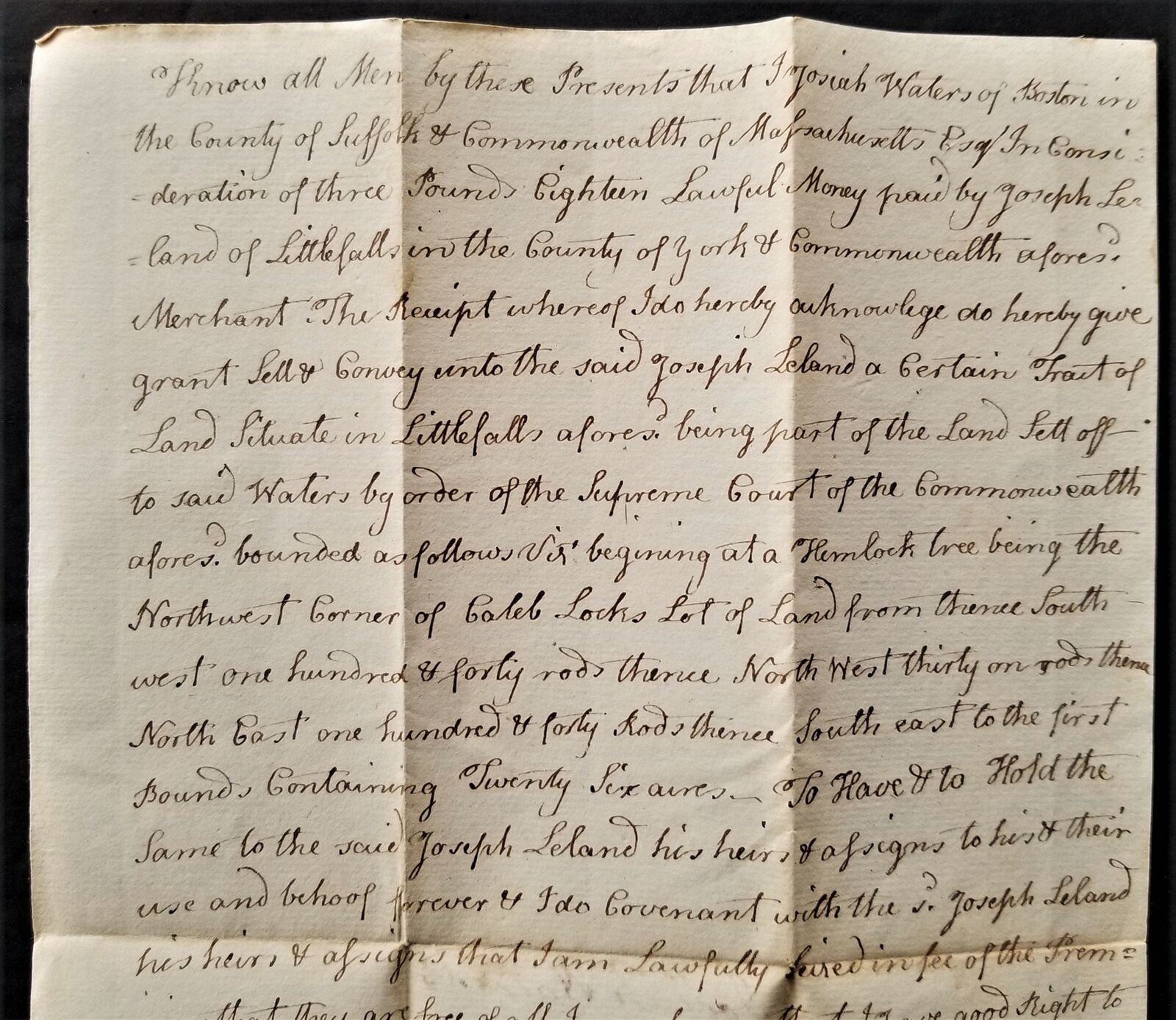 1792 antique DEED 1800s handwritten little falls york me Jos WATERS Jos LEELAND