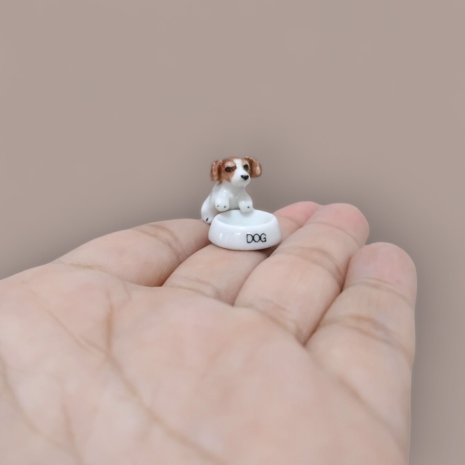 Dollhouse Miniature Ceramic Little Cute Dog With Bowl Figurine HandPaint Decor