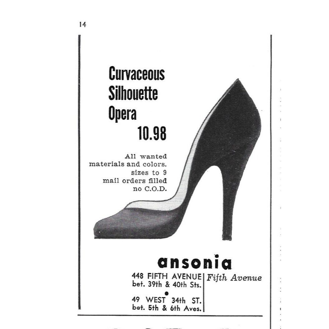 Ansonia Curvacious Silhouette Shoe Fifth Ave NYC Advert 1950s Vintage Print