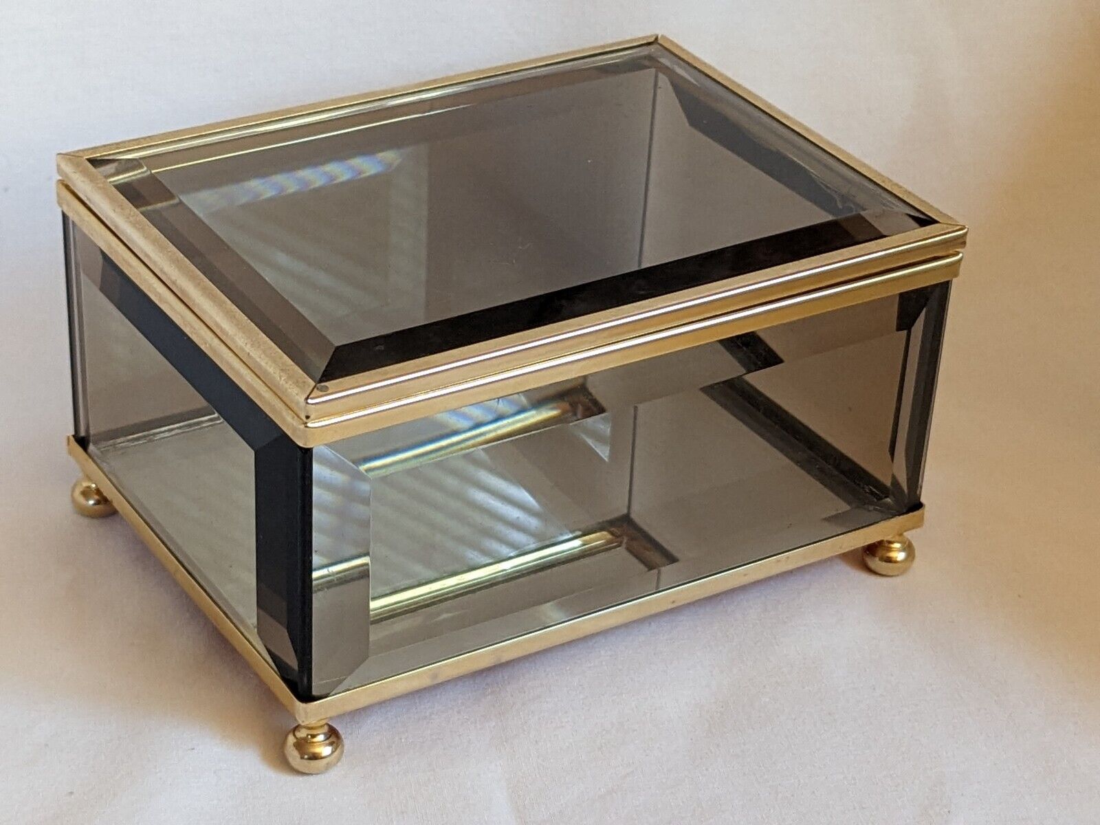 Vintage Jewelry Box Brass Beveled Tinted Glass Mirrored Trinket Jewelry Casket