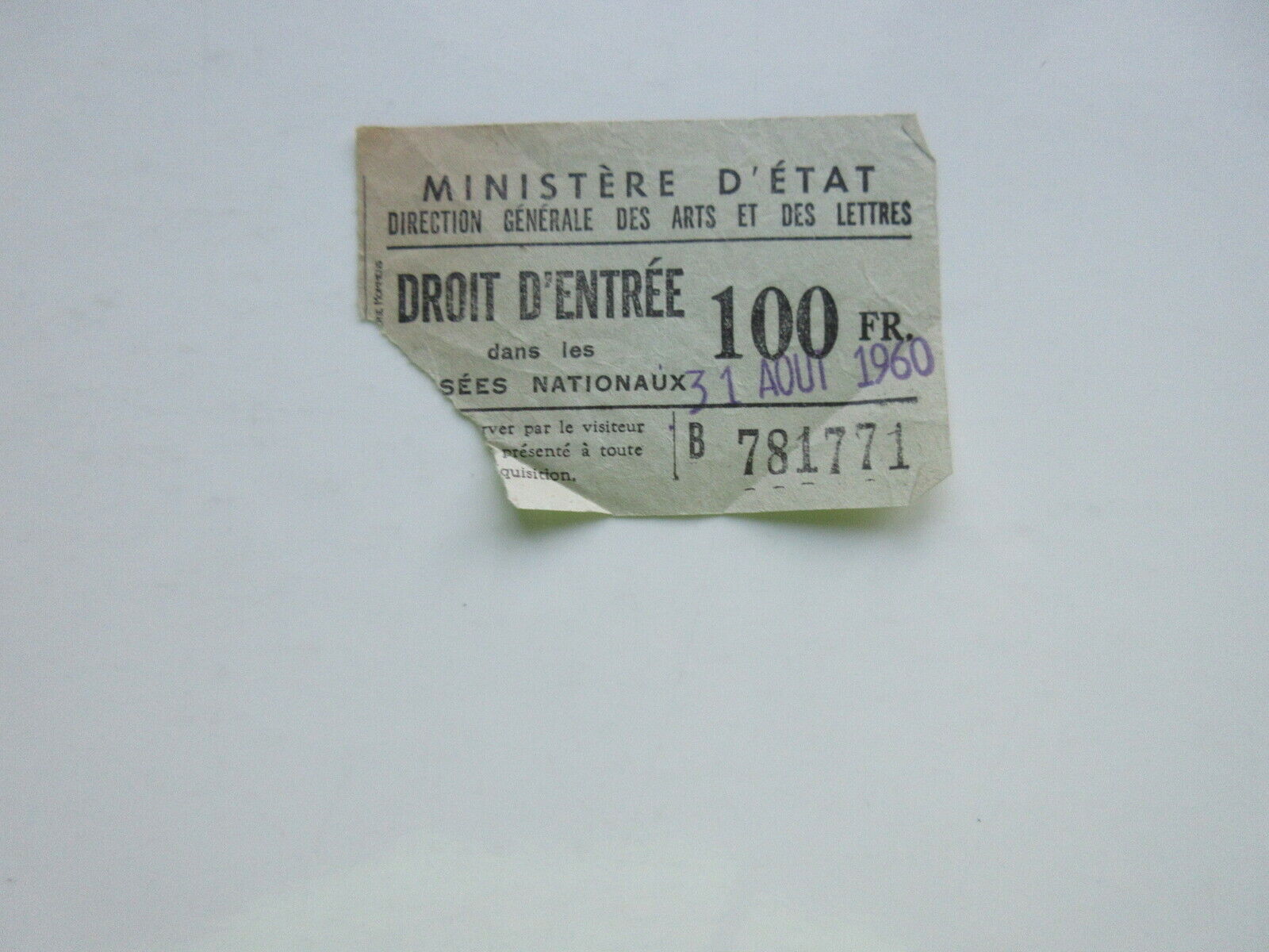 1960 France French NATIONAL MUSEUM TICKET