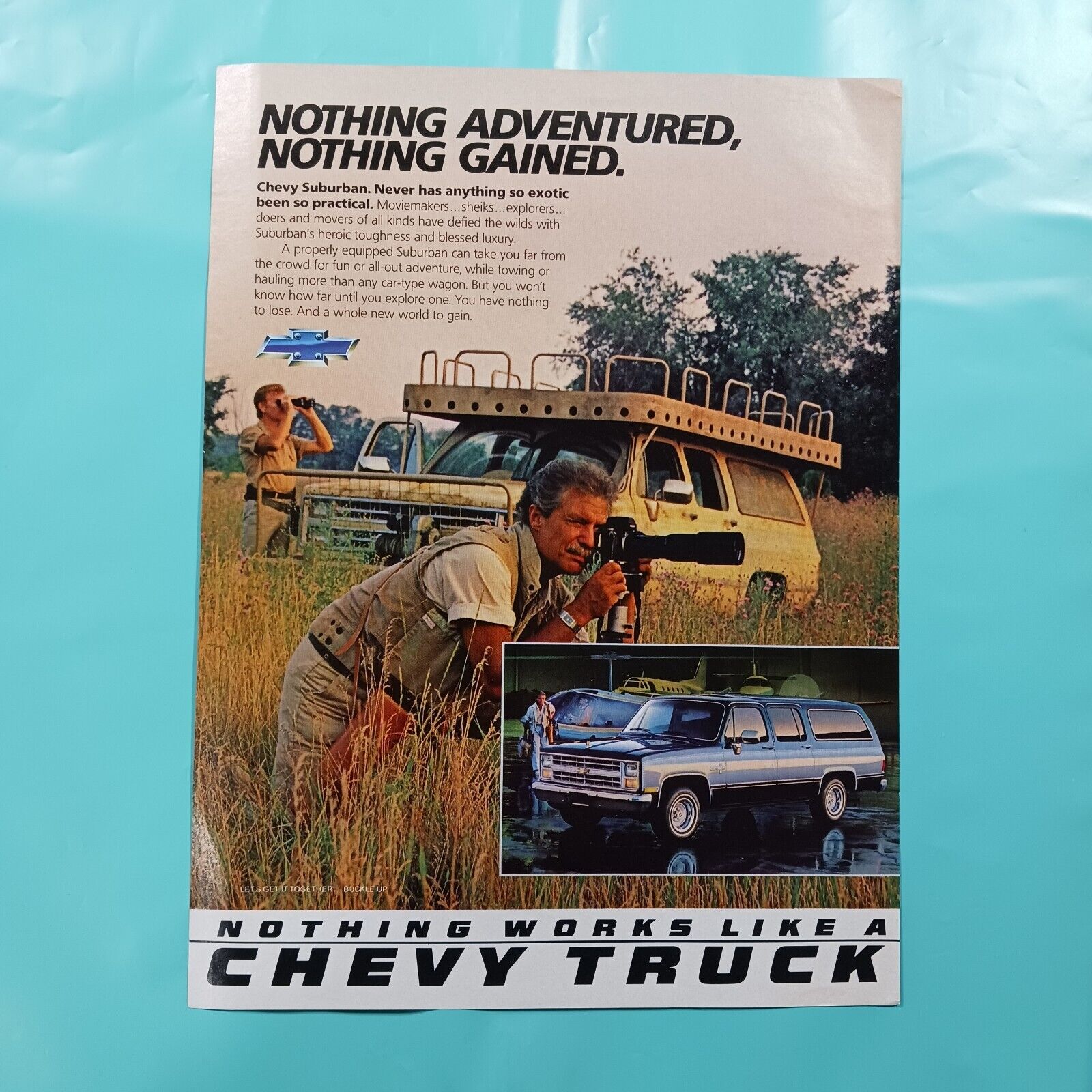 1985 VINTAGE CHEVROLET SUBURBAN NOTHING WORKS LIKE A CHEVY TRUCK PRINT AD