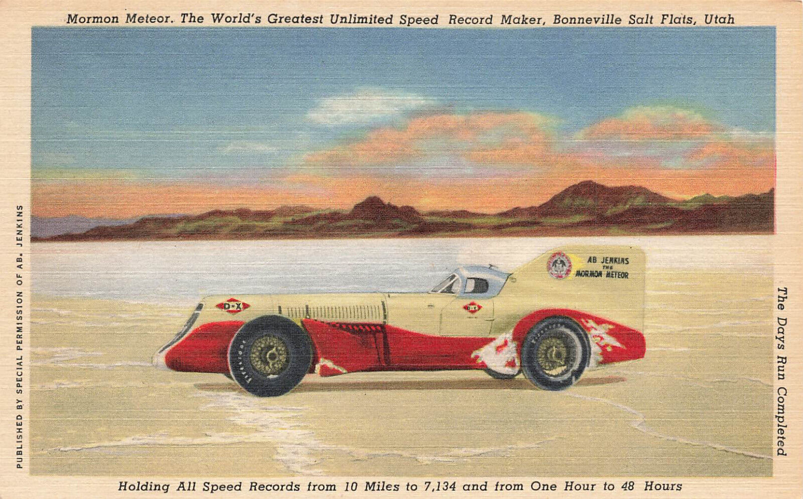 MORMON METEOR RACECAR WORLD FASTEST BONNEVILLE SALT FLAT UT POSTCARD 1951 110923
