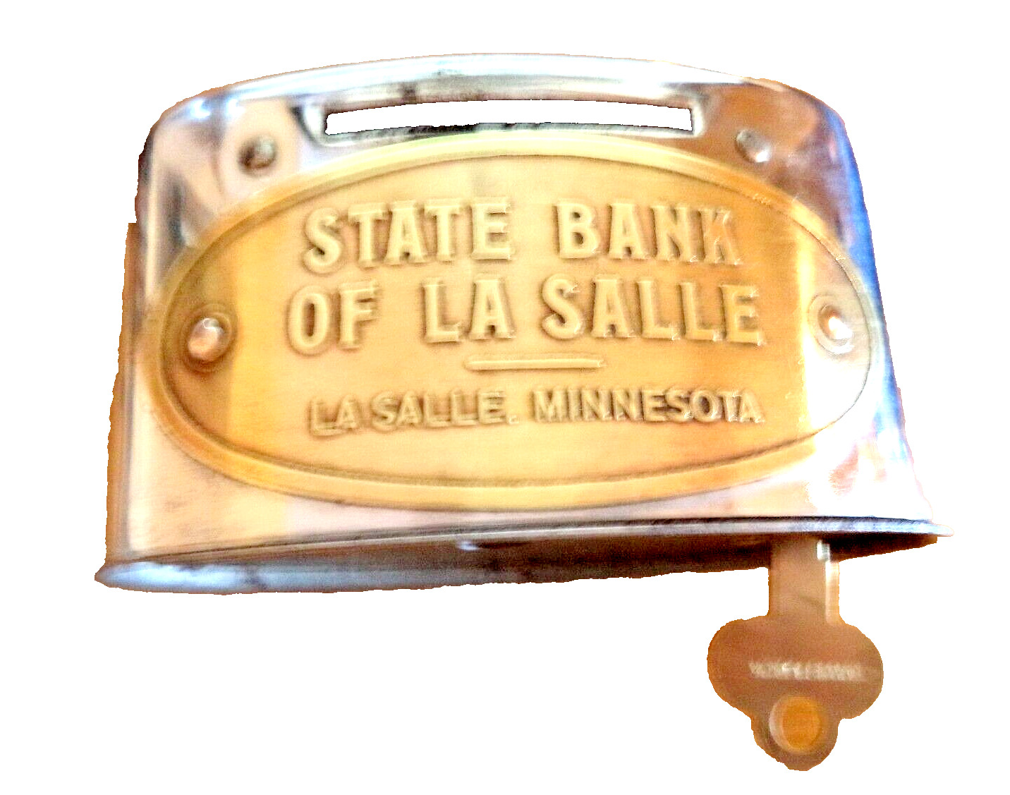 Antique Handle Coin Bank State Bank of LASALLE, MINNESOTA 1 Key
